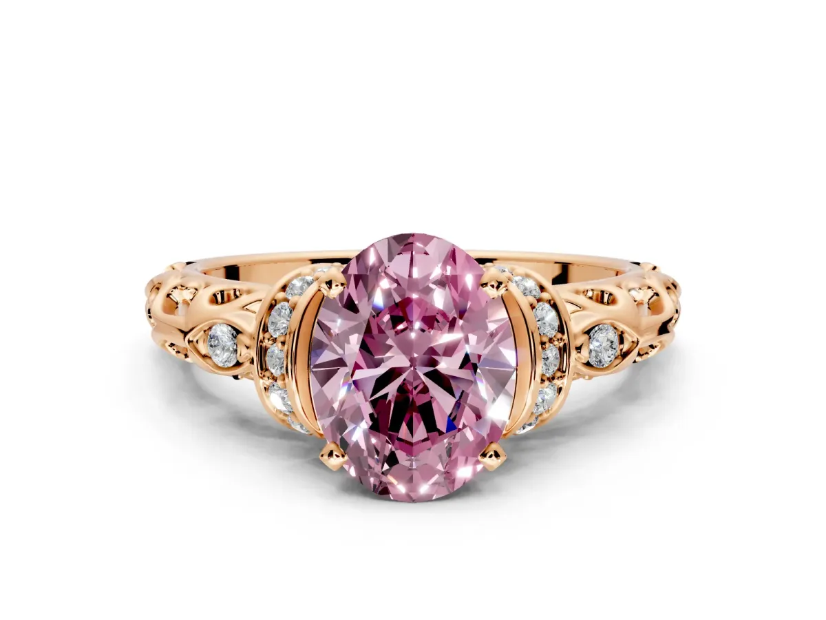 Solitaire Engagement Ring Setting for Fancy Pink Oval Center with Filigree Band and Prong Head in Rose Gold