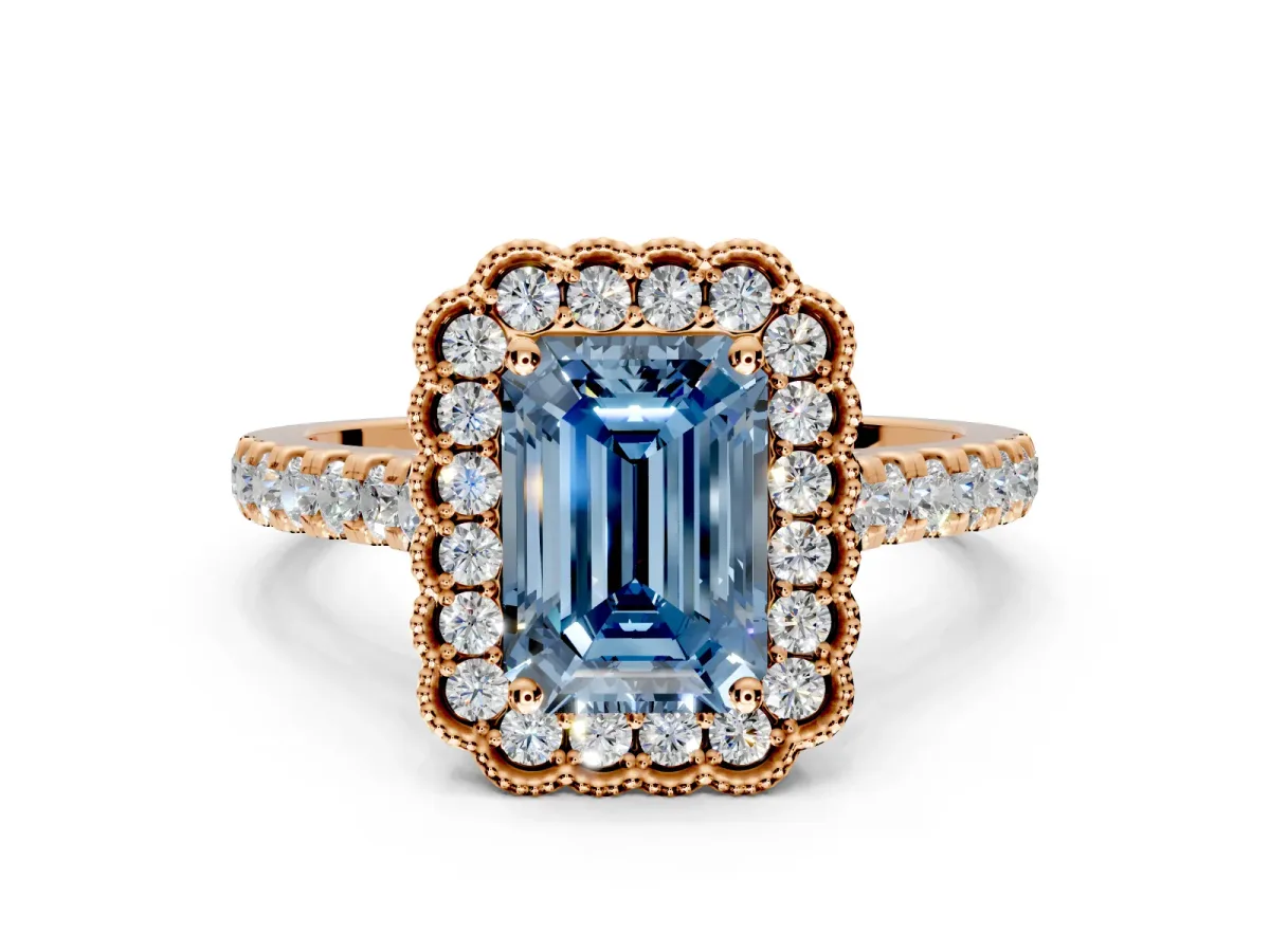 Milgrain Floral Halo Engagement Ring Setting for Fancy Blue Emerald Cut Center with Pave Band and Prong Head in Rose Gold