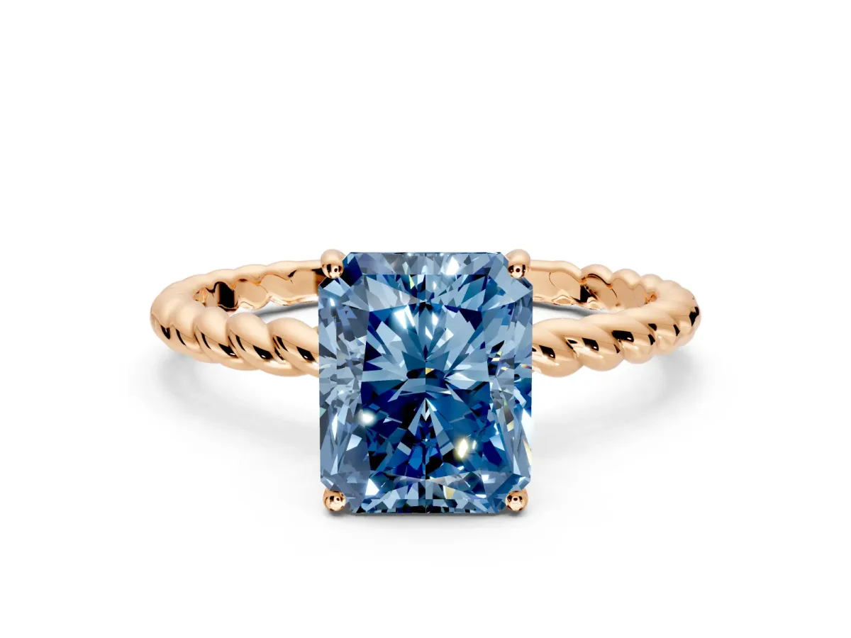 Solitaire Engagement Ring Setting for Fancy Blue Radiant Cut Center with Plain Twisted Rope Band and Prong Head in Rose Gold