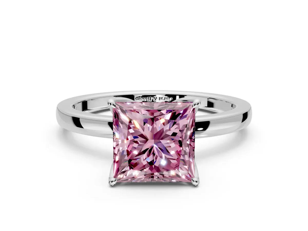 Solitaire Engagement Ring Setting for Fancy Pink Princess Cut Center with Thin Rounded Plain Band and Prong Head in Platinum