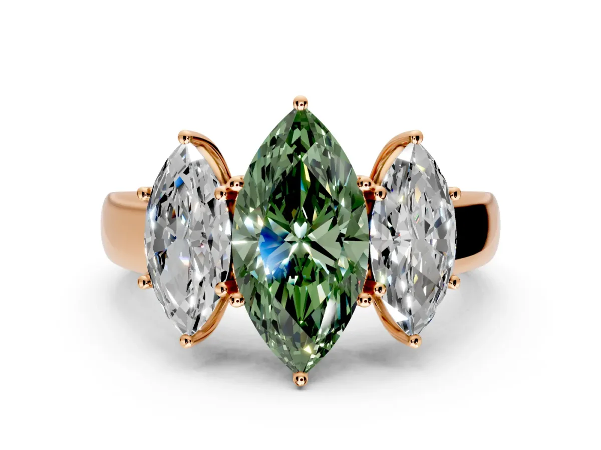 3 Stone Engagement Ring Setting for Fancy Green Marquise Center with Raised Basket Heads and Prong Head in Rose Gold