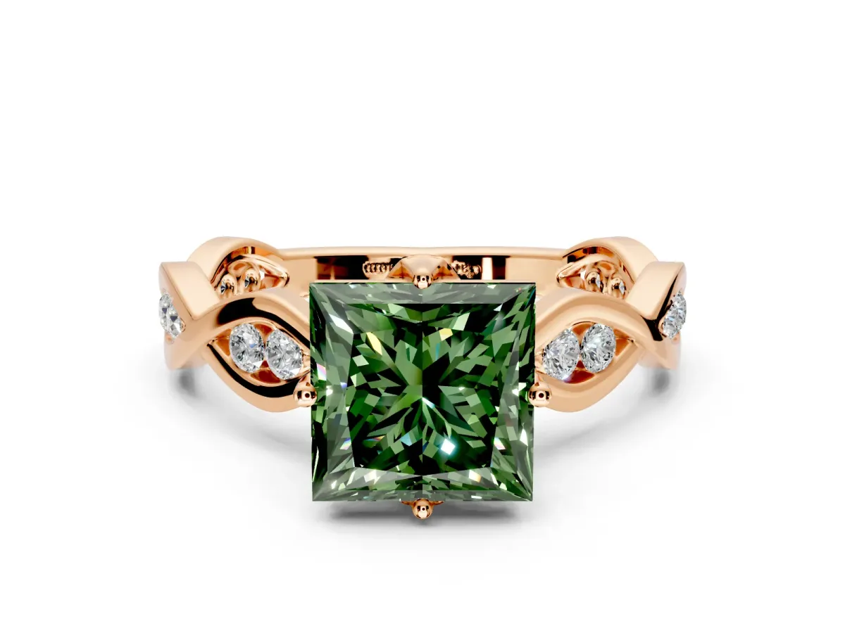 Solitaire Engagement Ring Setting for Fancy Green Princess Cut Center with Accented Twist Band and Leaf Prong Head in Rose Gold