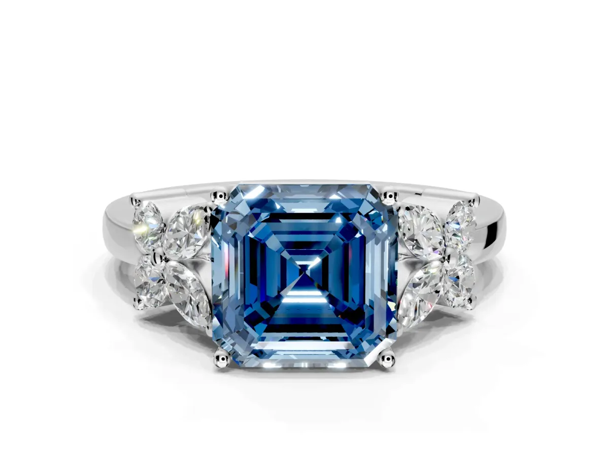 Floral Engagement Ring Setting for Fancy Blue Asscher Cut Center with Marquise Cluster Shoulders and Prong Head in White Gold