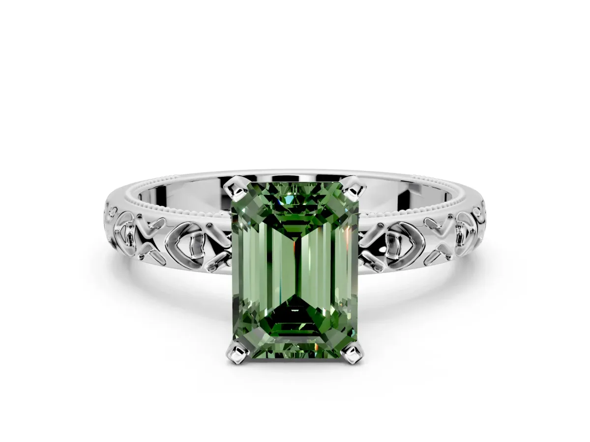 Solitaire Engagement Ring Setting for Fancy Green Emerald Cut Center with XO Engraved Band and Prong Head in Sterling Silver