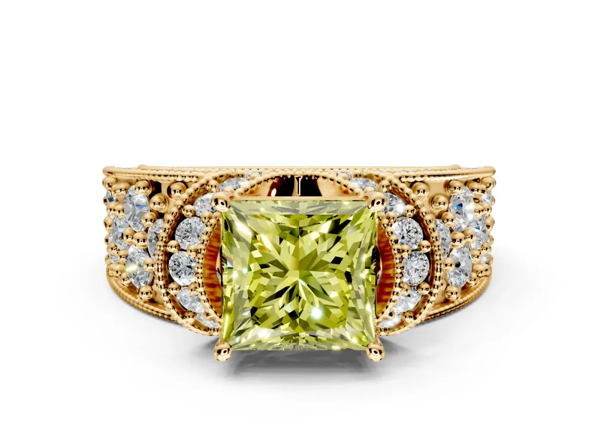 Pave Engagement Ring Setting for Fancy Yellow Princess Cut Center with Curved Accent Rows, Openwork and Prong Head in Yellow Gold