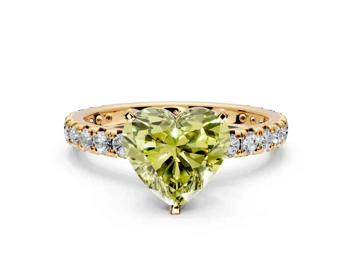 Solitaire Engagement Ring Setting for Fancy Yellow Heart-Shaped Center with Shared-Prong Accents and Prong Head in Yellow Gold