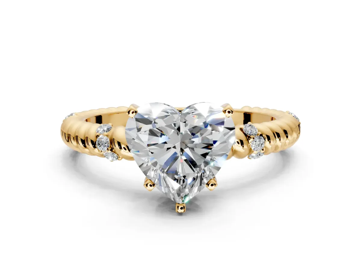 Rope Engagement Ring Setting for Heart-Shaped Center with Accent Shoulders and Prong Head in Yellow Gold
