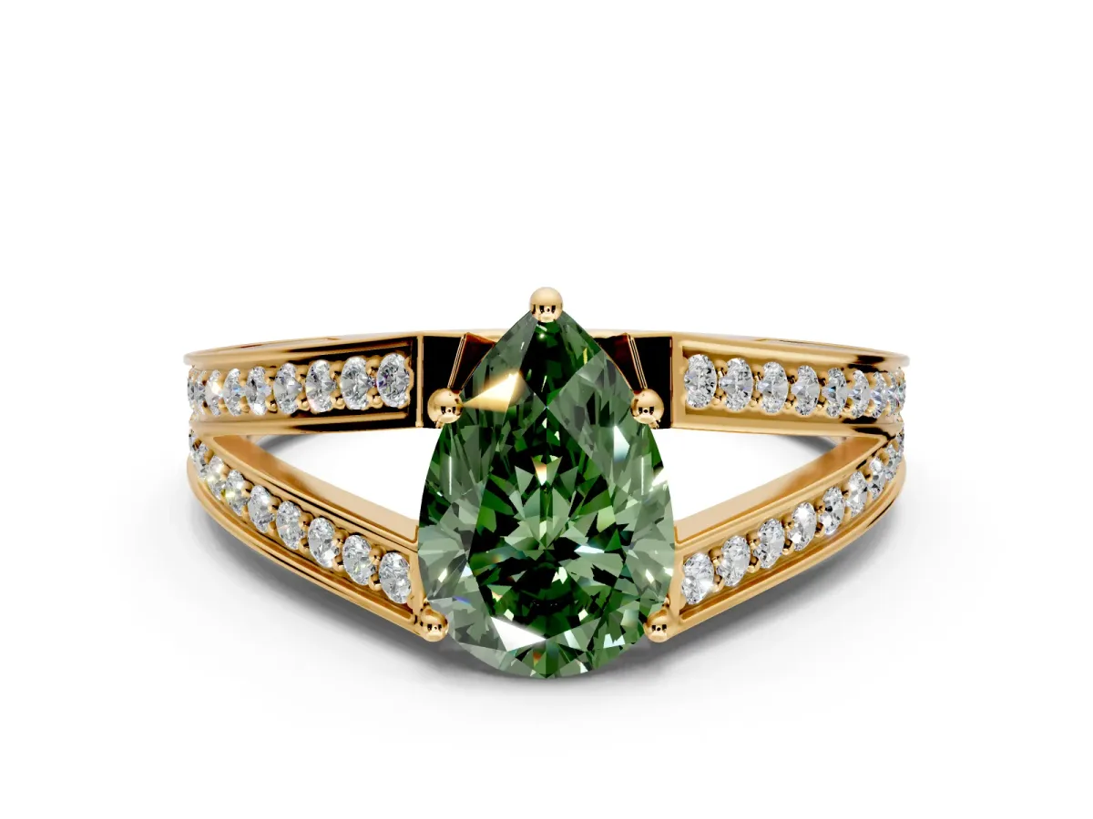 Split Shank Engagement Ring Setting for Fancy Green Pear-Shaped Center with Pave Split Shank and Prong Head in Yellow Gold