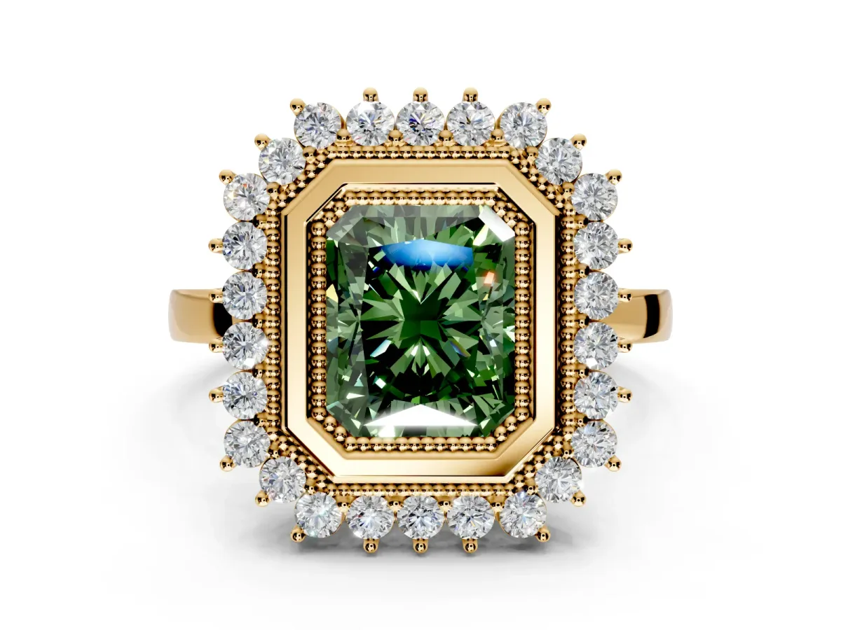 Halo Engagement Ring Setting for Fancy Green Radiant Cut Center with Milgrain Bezel Rim, Plain Band and Prong Head in Yellow Gold