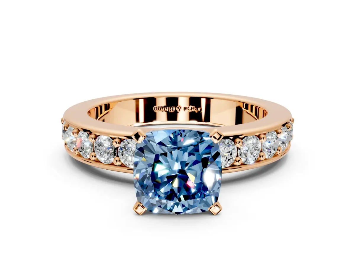 Solitaire Engagement Ring Setting for Fancy Blue Cushion Cut Center with Channel-Set Accents and Prong Head in Rose Gold