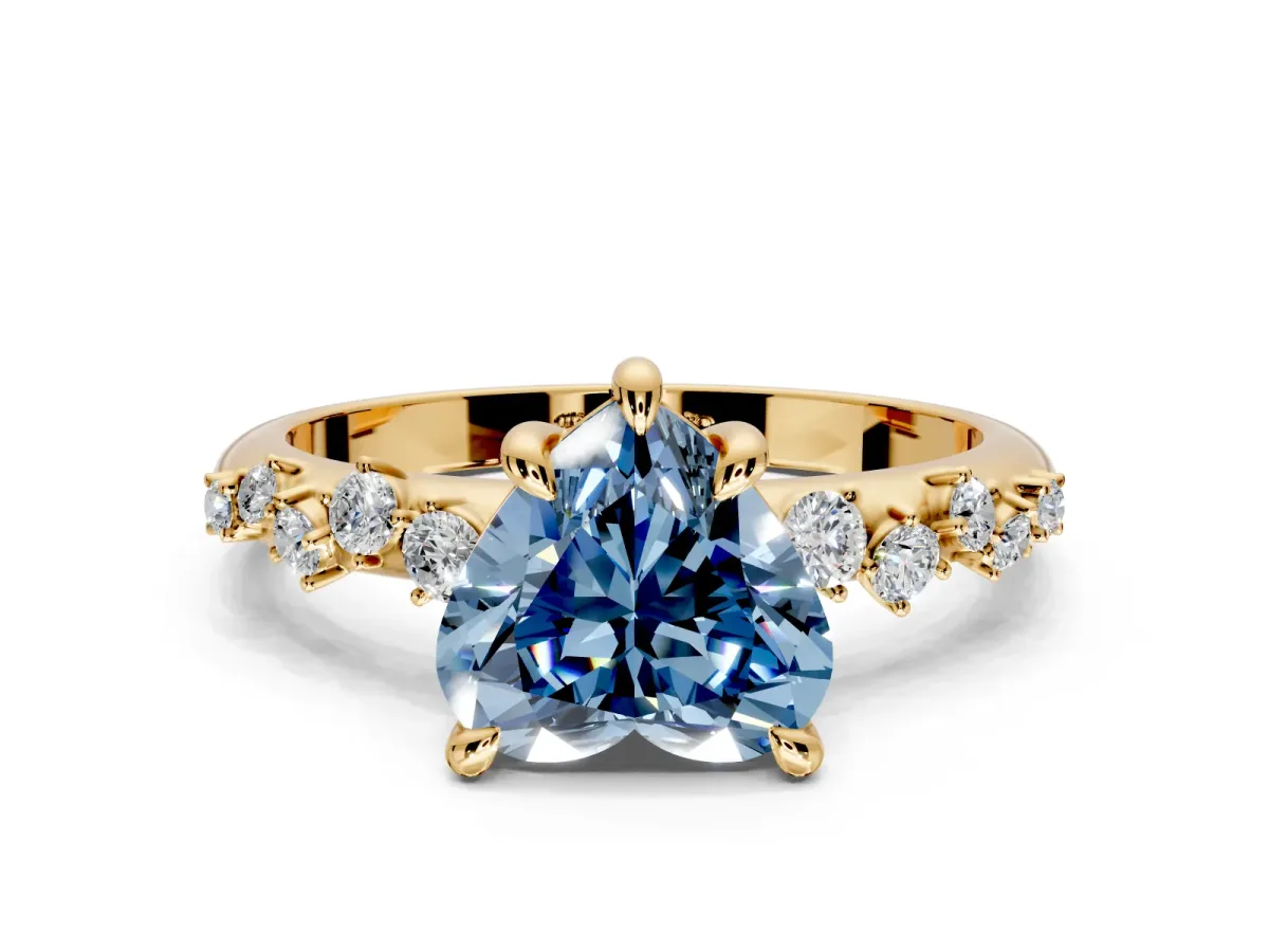 Solitaire Engagement Ring Setting for Fancy Blue Heart-Shaped Center with Trailing Leaf Accent Band and Prong Head in Yellow Gold