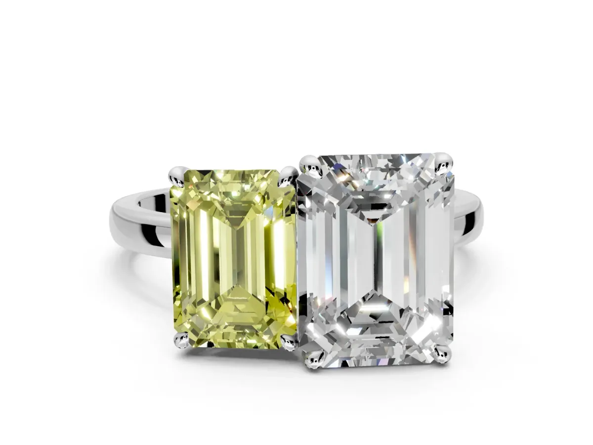 Fancy Yellow Emerald Cut and Emerald Cut Lab-Grown Diamond Toi et Moi Engagement Ring with Prong-Set Stones in Platinum