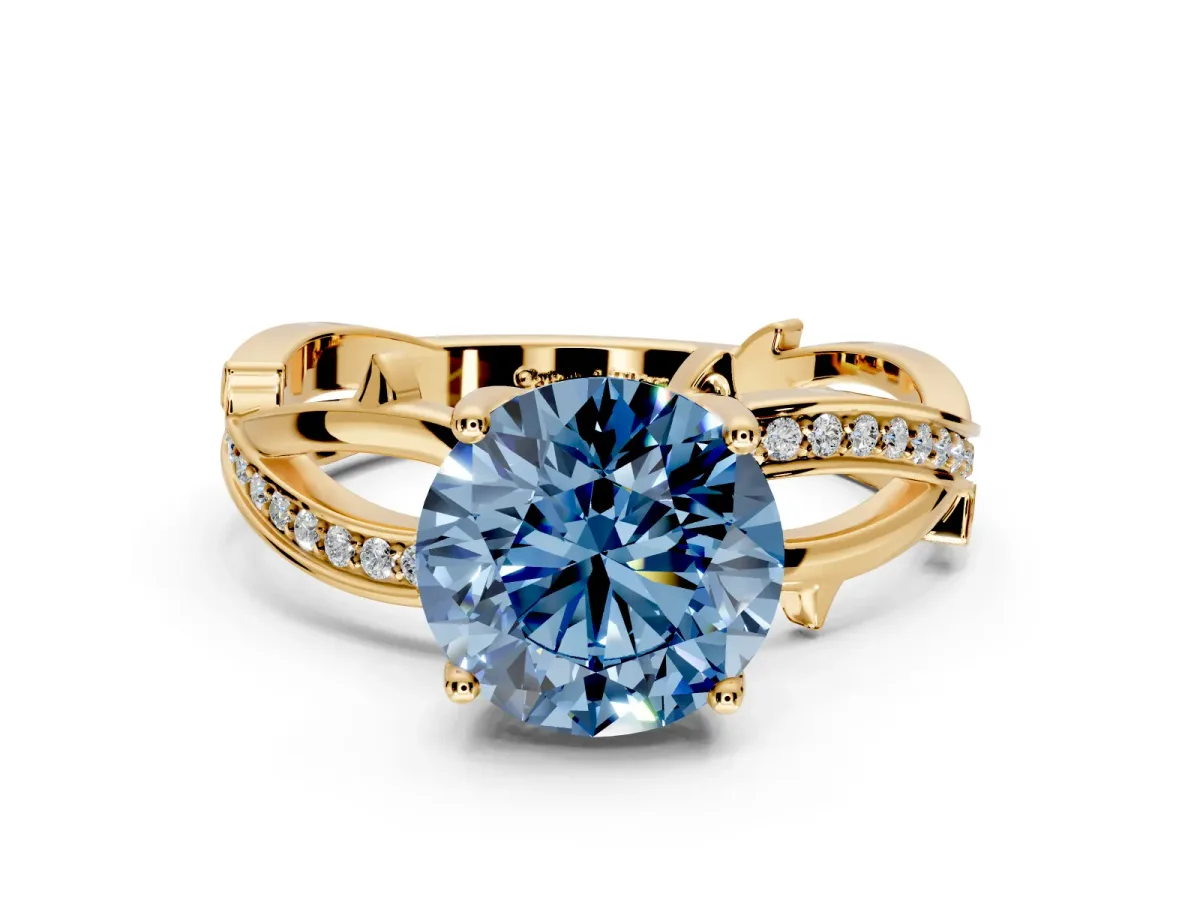 Solitaire Engagement Ring Setting for Fancy Blue Round Cut Center with Pave and Plain Crossover Band and Prong Head in Yellow Gold