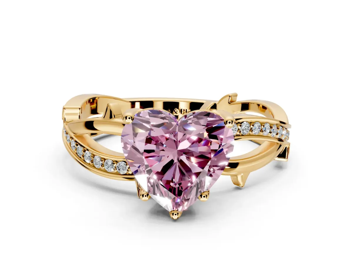 Solitaire Engagement Ring Setting for Fancy Pink Heart-Shaped Center with Pave and Plain Crossover Band and Prong Head in Yellow Gold