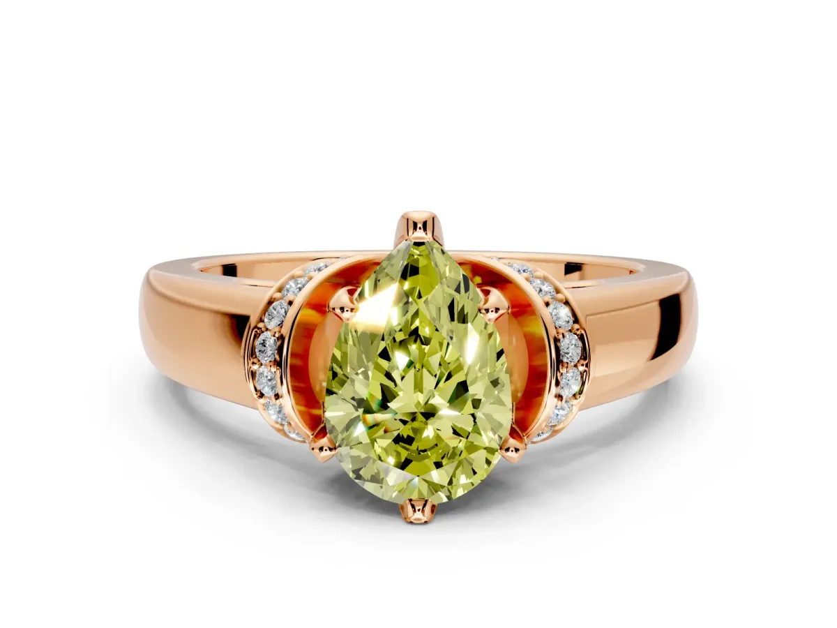 Solitaire Engagement Ring Setting for Fancy Yellow Pear-Shaped Center with Wide Band, Pave Collar and Prong Head in Rose Gold