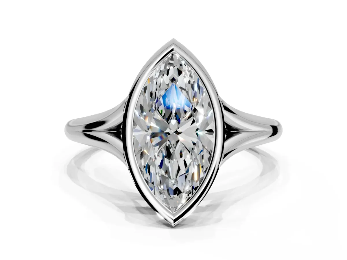 Solitaire Engagement Ring Setting for Marquise Center with V Split Shank and Bezel Head in Platinum