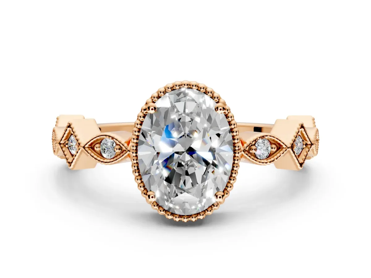 Milgrain Bezel Engagement Ring Setting for Oval Center with Marquise Stations and Bezel Head in Rose Gold