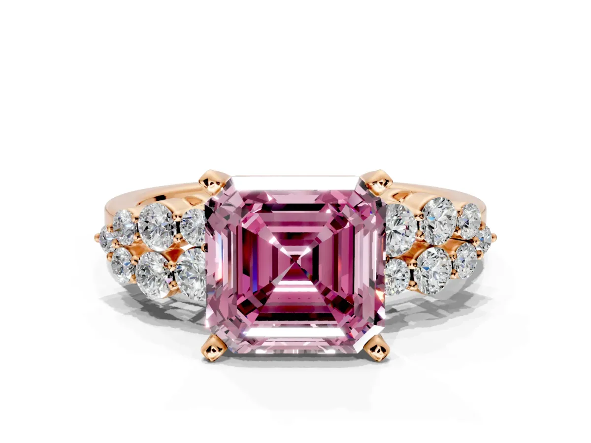 Cluster Engagement Ring Setting for Fancy Pink Asscher Cut Center with 2-Row Shoulder Clusters and Prong Head in Rose Gold