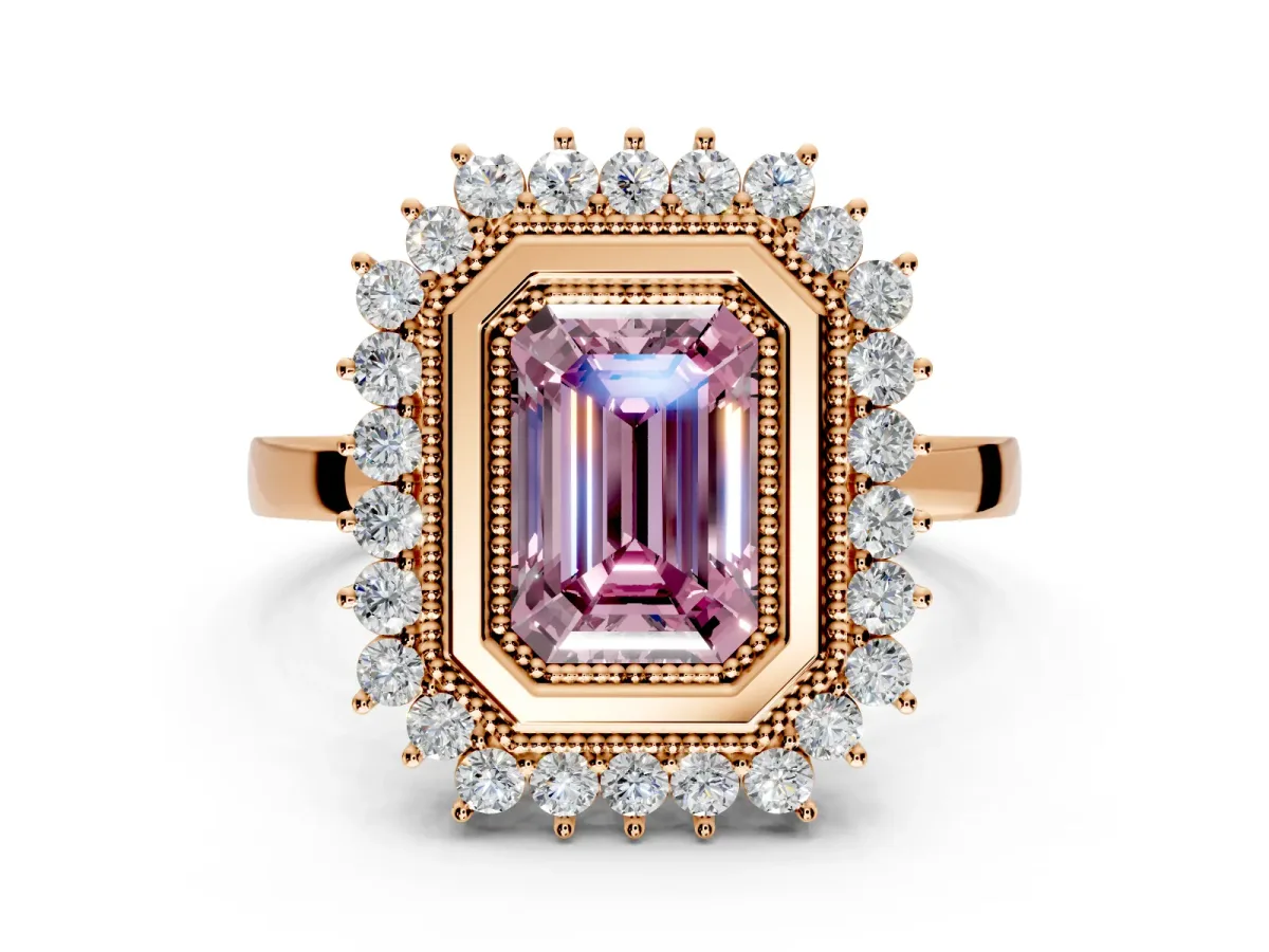 Halo Engagement Ring Setting for Fancy Pink Emerald Cut Center with Milgrain Bezel Rim, Plain Band and Prong Head in Rose Gold