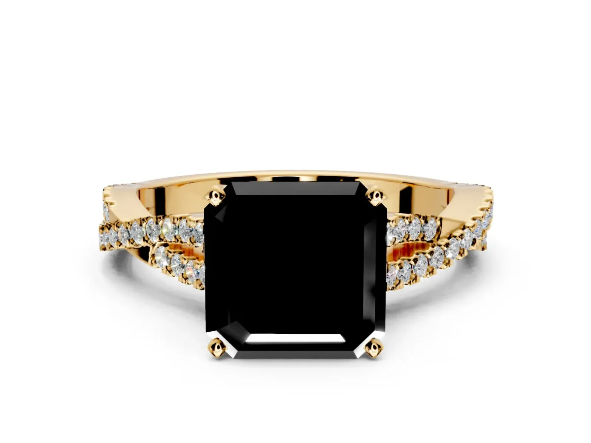 Solitaire Engagement Ring Setting for Fancy Black Asscher Cut Center with Twisted Pave Split Shank and Prong Head in Yellow Gold