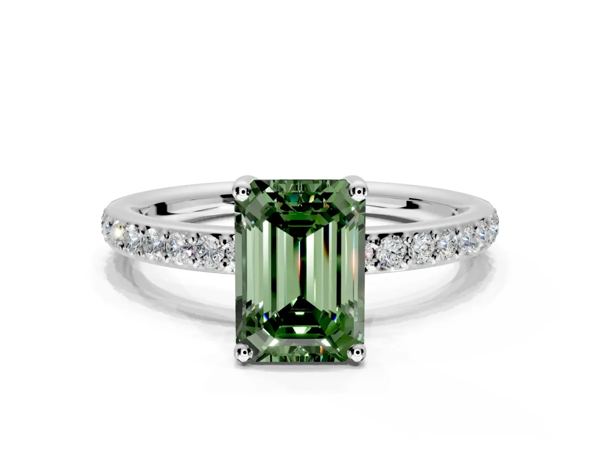 Solitaire Engagement Ring Setting for Fancy Green Emerald Cut Center with Fine Pave Band and Prong Head in Platinum