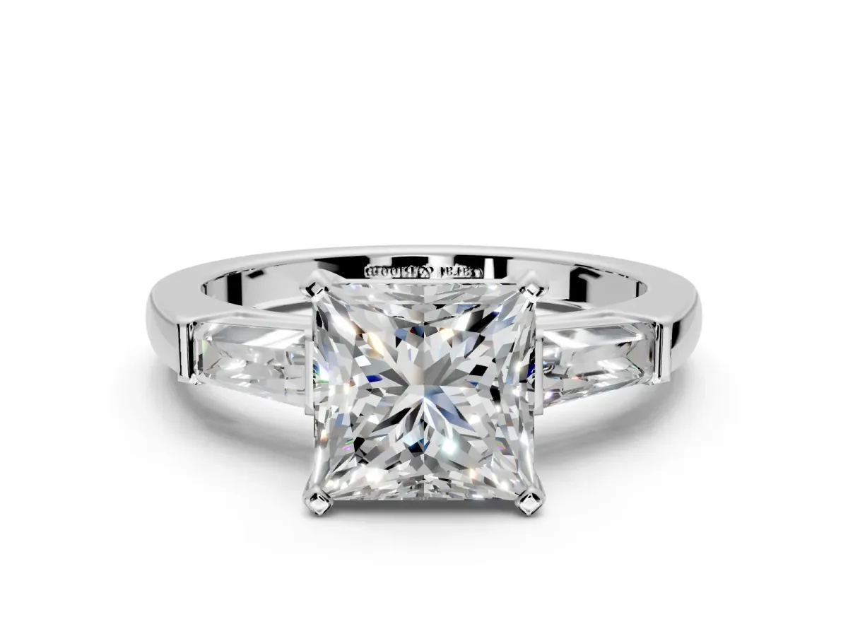 3 Stone Engagement Ring Setting for Princess Cut Center with Tapered Baguettes, Plain Band and Prong Head in Platinum