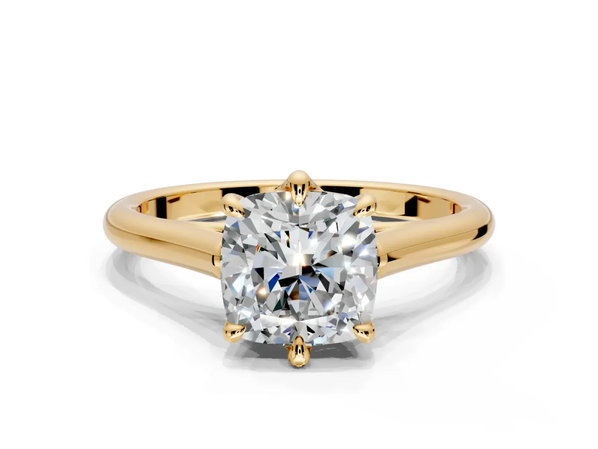 Solitaire Engagement Ring Setting for Cushion Cut Center with Cathedral Band and Prong Head in Yellow Gold