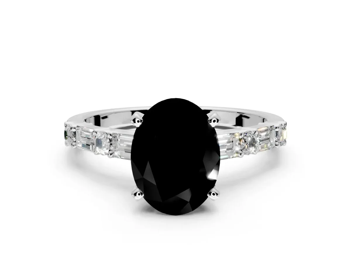 Baguette Engagement Ring Setting for Fancy Black Oval Center with Alternating Bar-Set Band and Prong Head in Sterling Silver