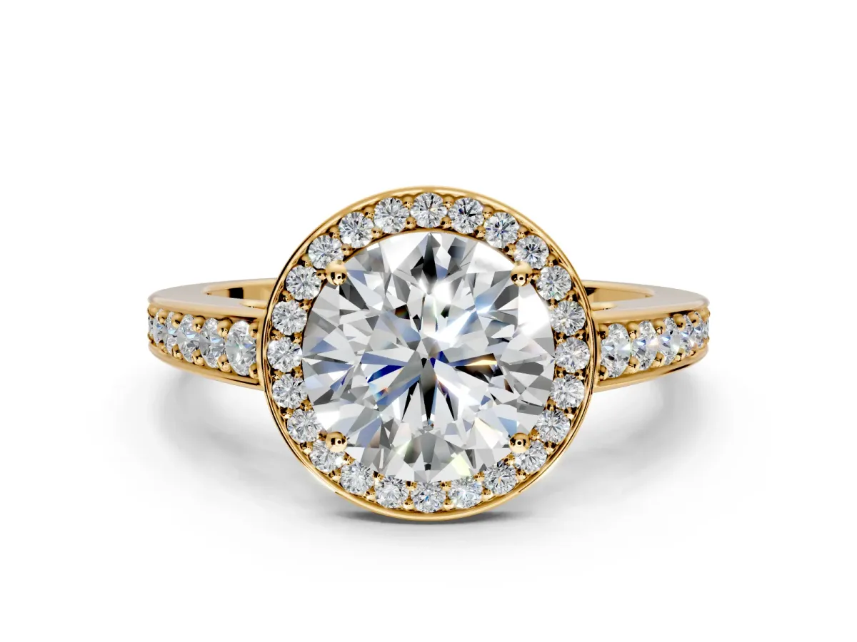 Bezel-Framed Halo Engagement Ring Setting for Round Cut Center with Pave Band and Prong Head in Yellow Gold