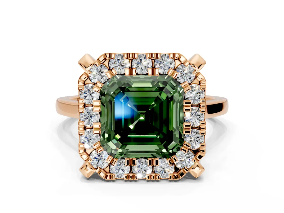 Single Halo Engagement Ring Setting for Fancy Green Asscher Cut Center with Corner Claws, Plain Band and Prong Head in Rose Gold