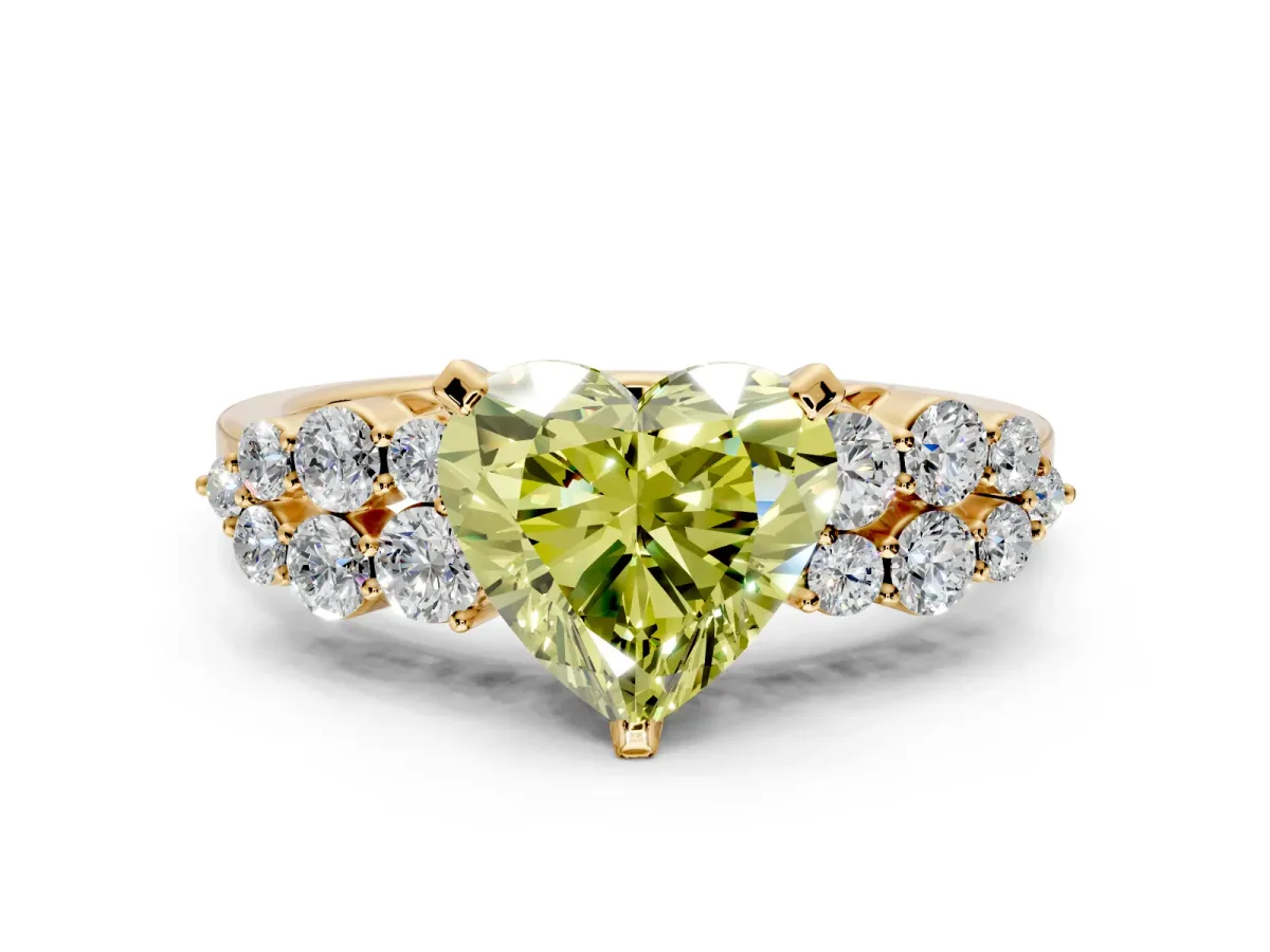 Cluster Engagement Ring Setting for Fancy Yellow Heart-Shaped Center with 2-Row Shoulder Clusters and Prong Head in Yellow Gold