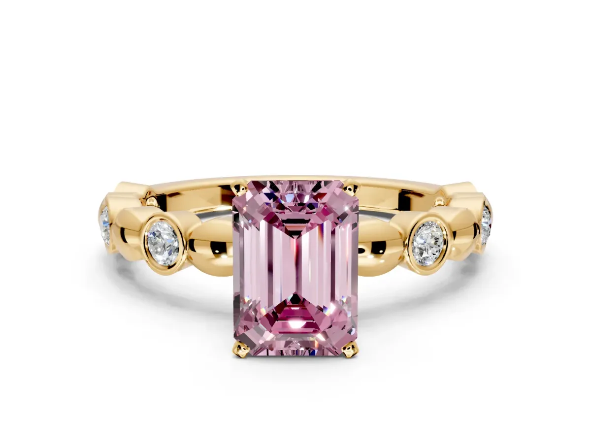 Solitaire Engagement Ring Setting for Fancy Pink Emerald Cut Center with Beaded Bezel Station Band and Prong Head in Yellow Gold