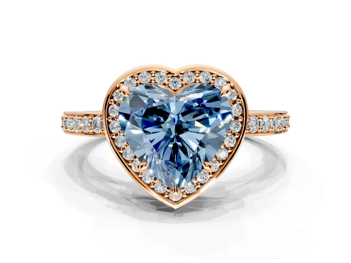Halo Engagement Ring Setting for Fancy Blue Heart-Shaped Center with Metal-Rimmed Halo, Pave Band and Prong Head in Rose Gold