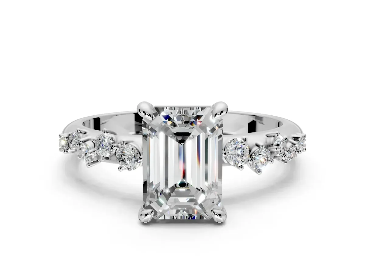 Solitaire Engagement Ring Setting for Emerald Cut Center with Trailing Leaf Accent Band and Prong Head in Sterling Silver