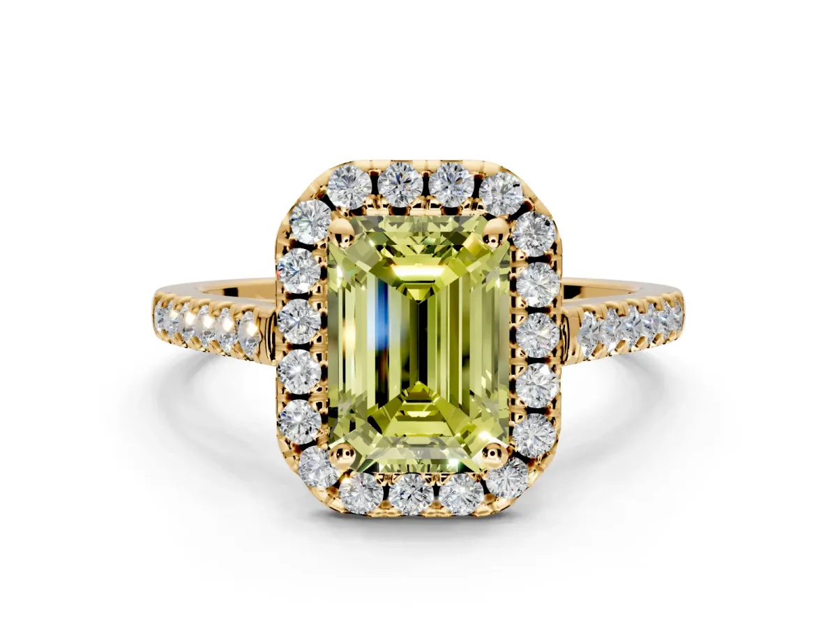 Halo Engagement Ring Setting for Fancy Yellow Emerald Cut Center with Raised Halo, Pave Band and Prong Head in Yellow Gold