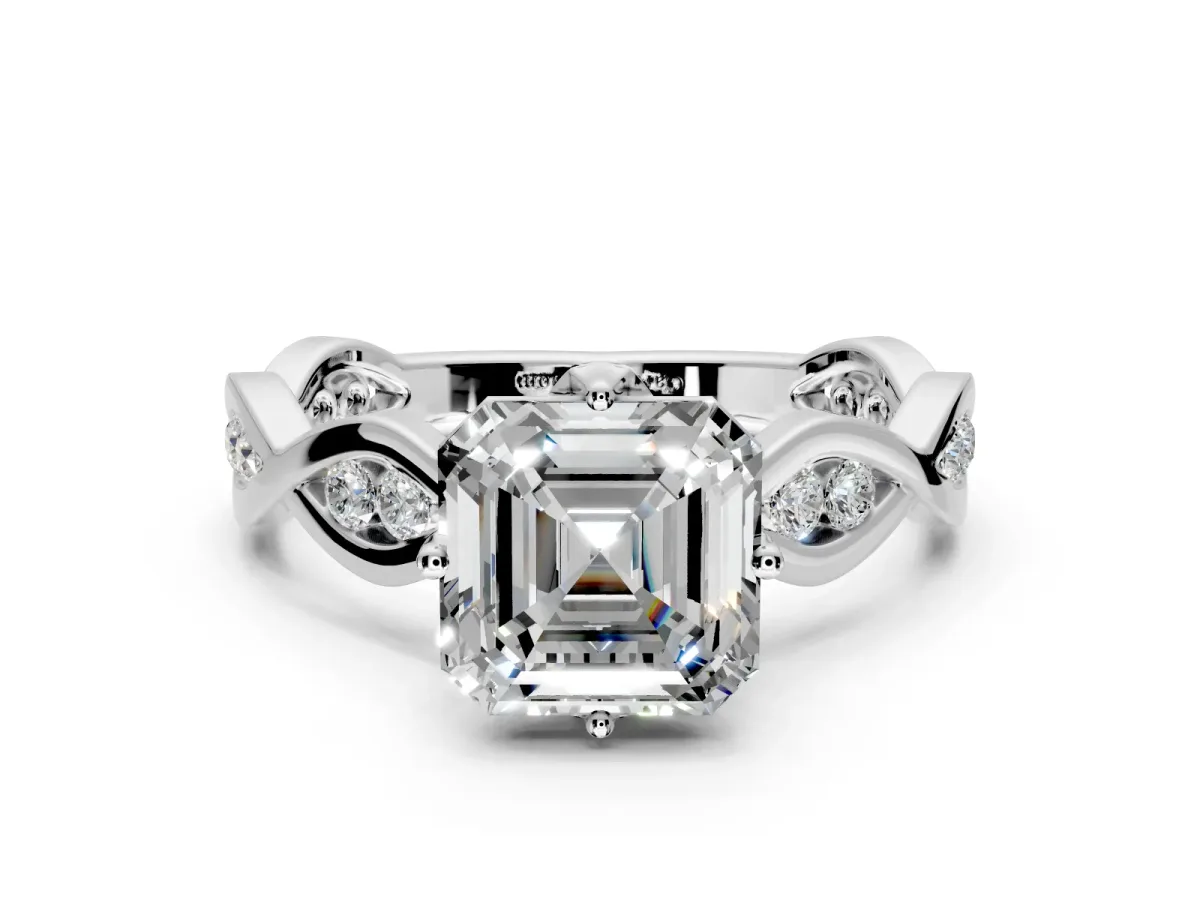 Solitaire Engagement Ring Setting for Asscher Cut Center with Accented Twist Band and Leaf Prong Head in Platinum
