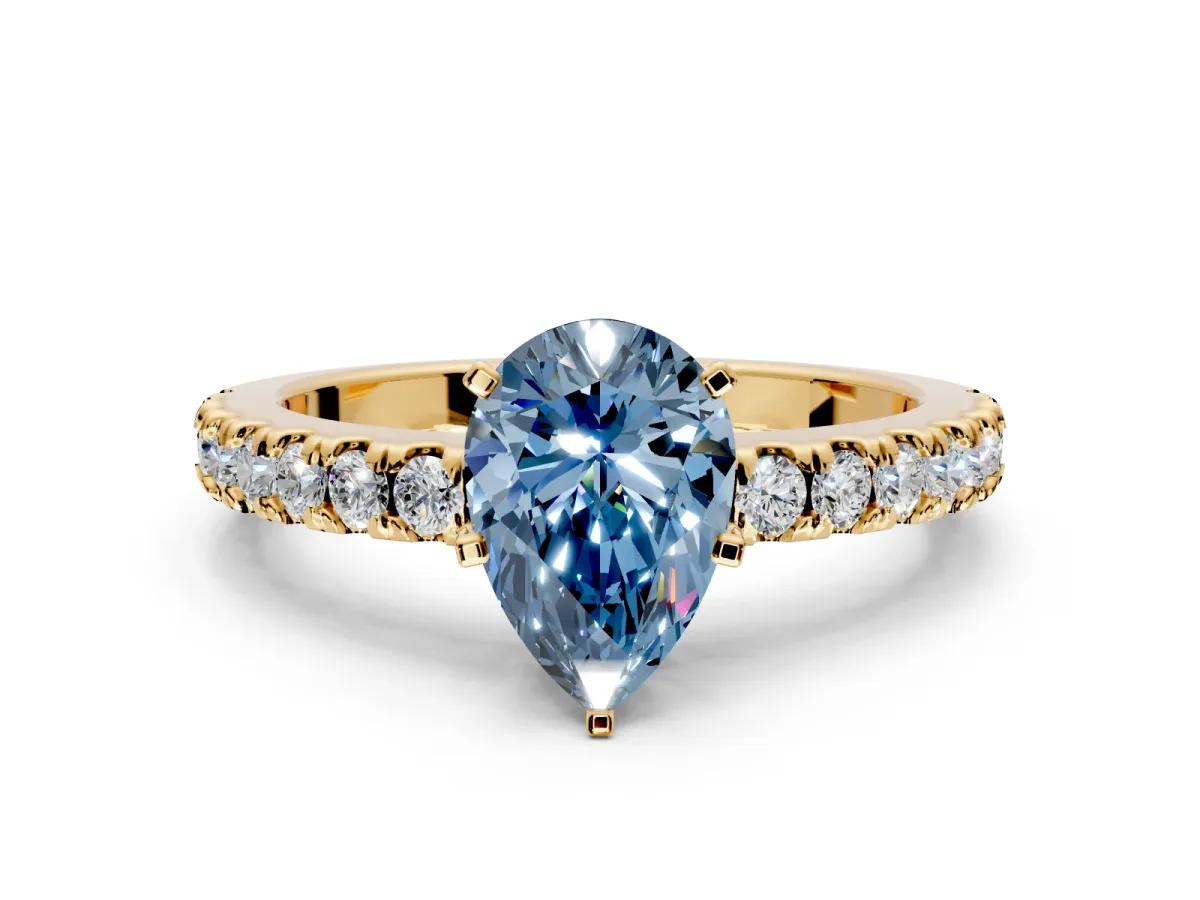 Solitaire Engagement Ring Setting for Fancy Blue Pear-Shaped Center with Single Row Accent Band and Prong Head in Yellow Gold