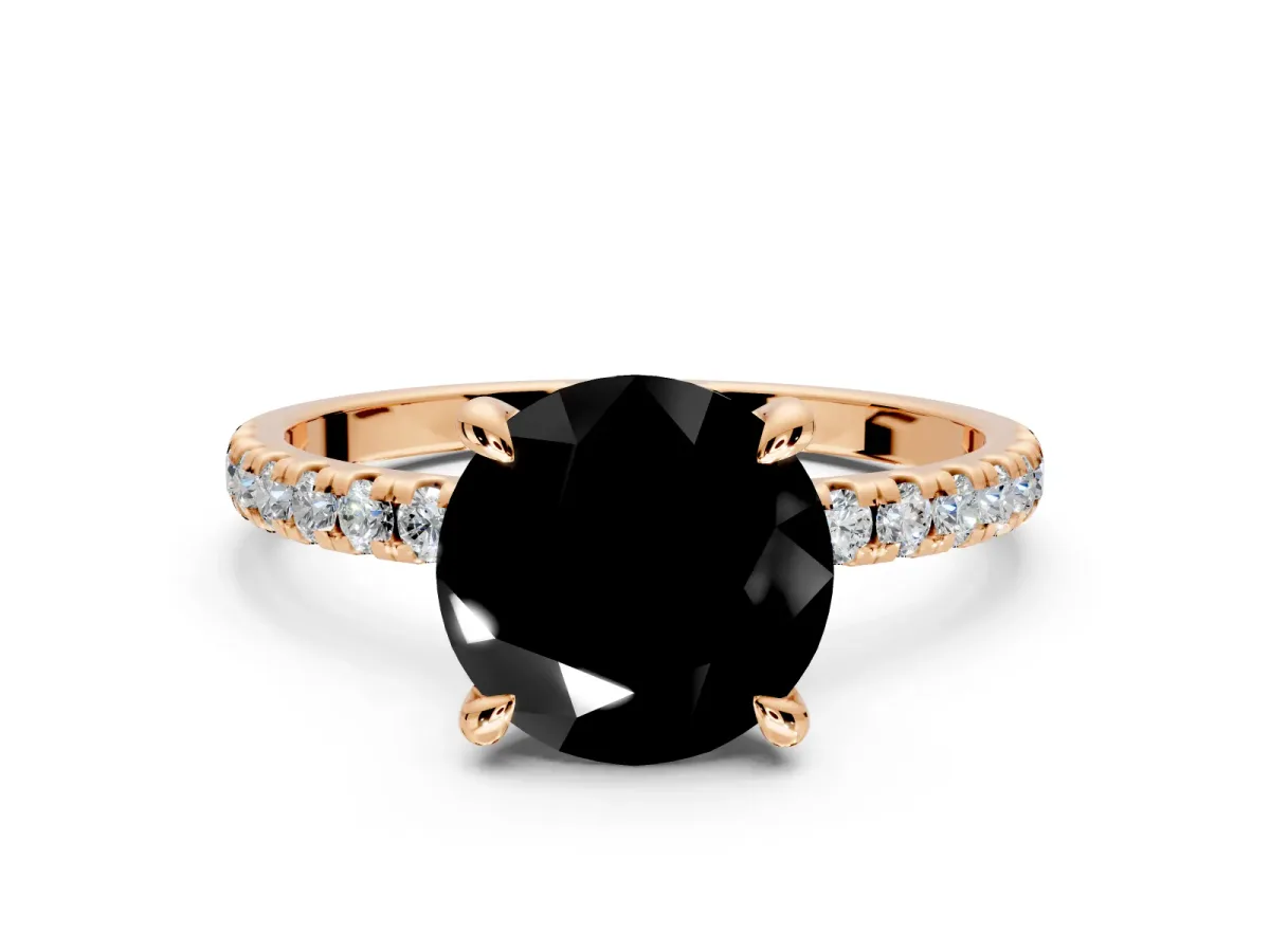 Solitaire Engagement Ring Setting for Fancy Black Round Cut Center with Fine Pave Narrow Band and Prong Head in Rose Gold