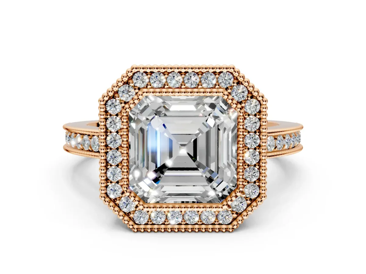 Halo Engagement Ring Setting for Asscher Cut Center with Milgrain Halo, Pave Band and Prong Head in Rose Gold