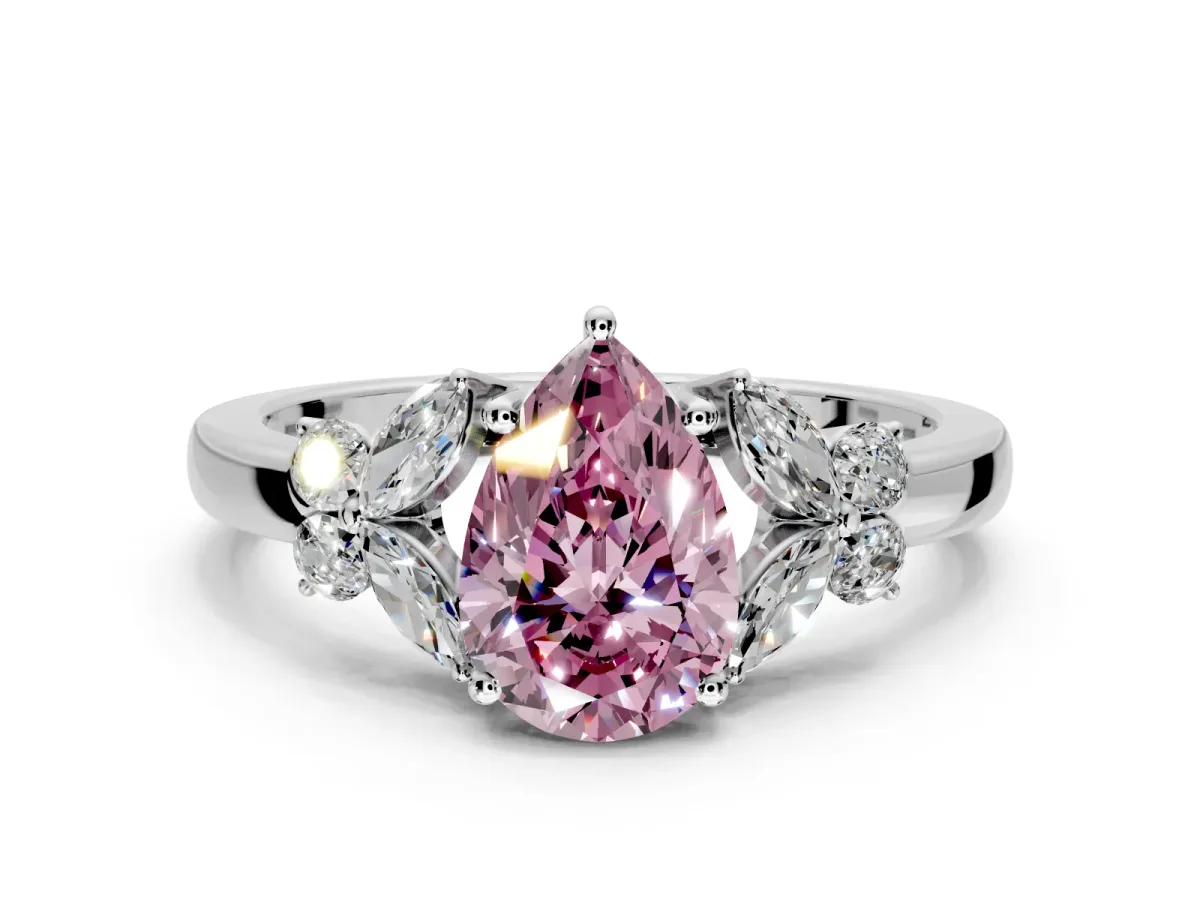 Solitaire Engagement Ring Setting for Fancy Pink Pear-Shaped Center with Marquise Flower Shoulders and Prong Head in Platinum
