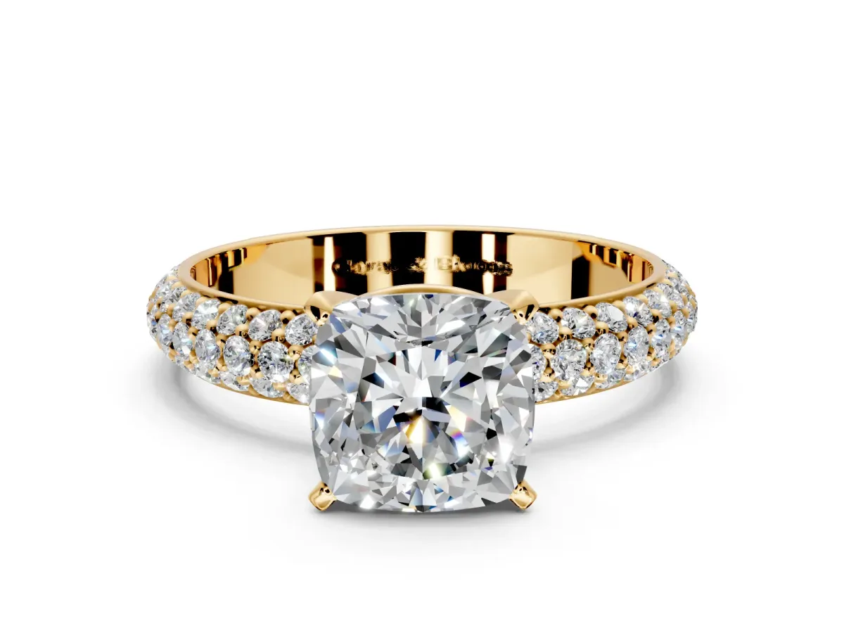 Solitaire Engagement Ring Setting for Cushion Cut Center with Domed Multi-Row Pave Band and Prong Head in Yellow Gold