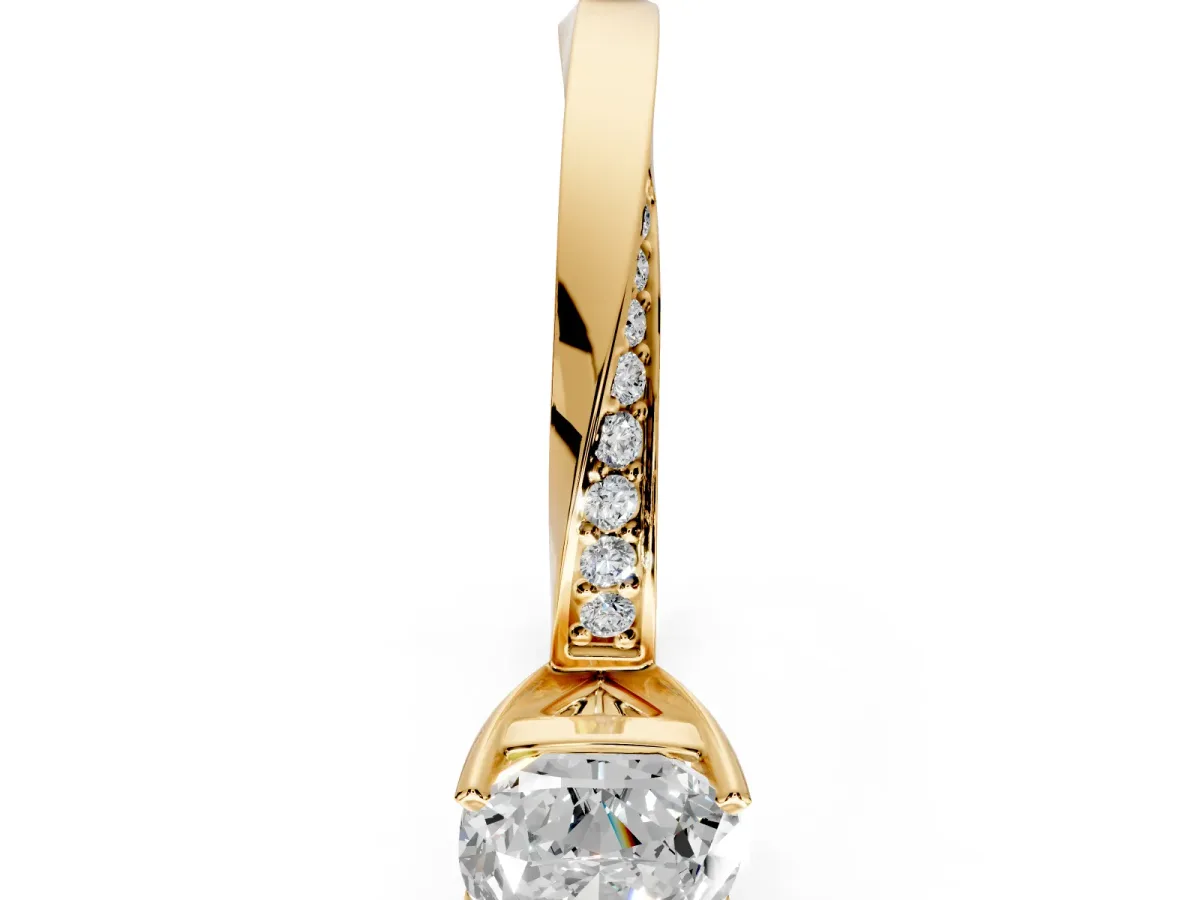 Side Accent Engagement Ring Setting for Cushion Cut Center with Accent Shoulders and Prong Head in Yellow Gold