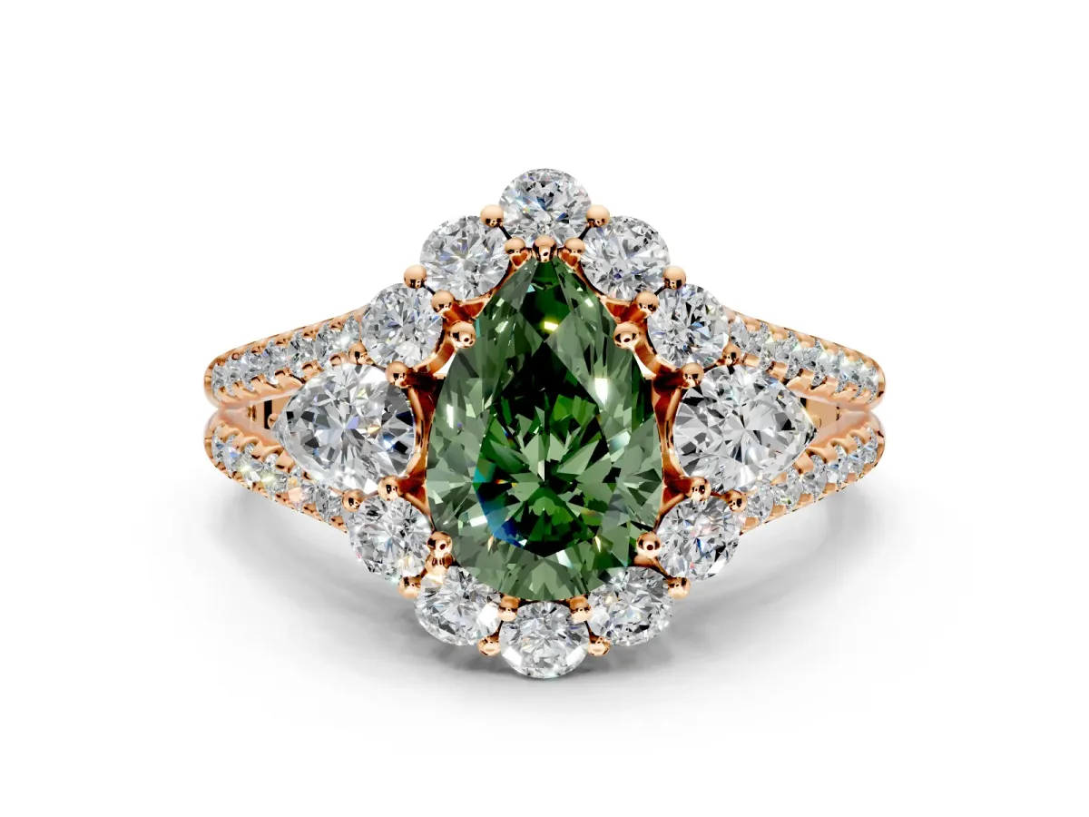 Halo Engagement Ring Setting for Fancy Green Pear-Shaped Center with Two-Strand Split Shank and Prong Head in Rose Gold