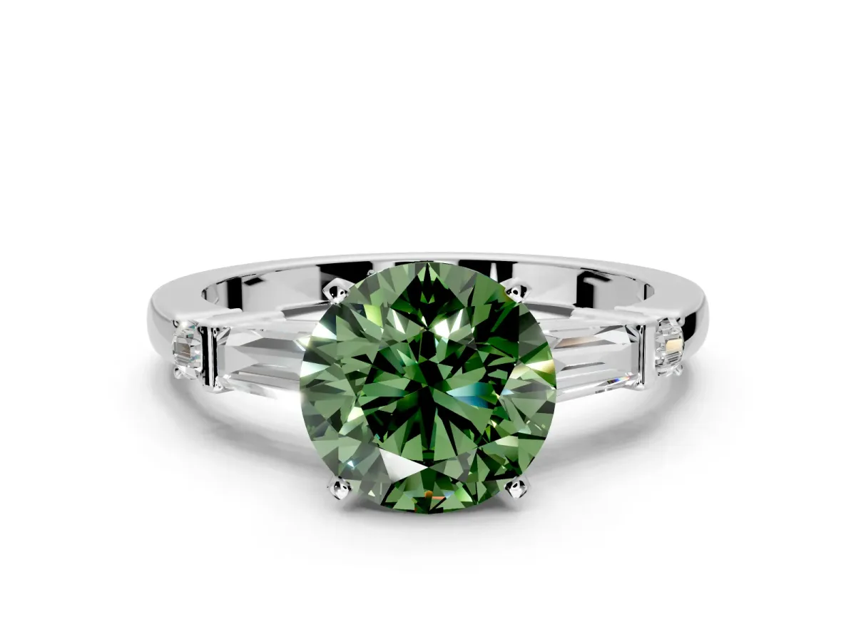 Bar-Set Engagement Ring Setting for Fancy Green Round Cut Center with Tapered Baguette Accents and Prong Head in White Gold