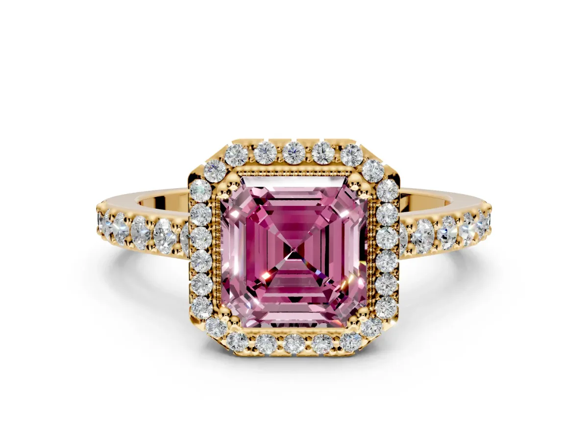 Halo Engagement Ring Setting for Fancy Pink Asscher Cut Center with Inner Milgrain Border and Prong Head in Yellow Gold