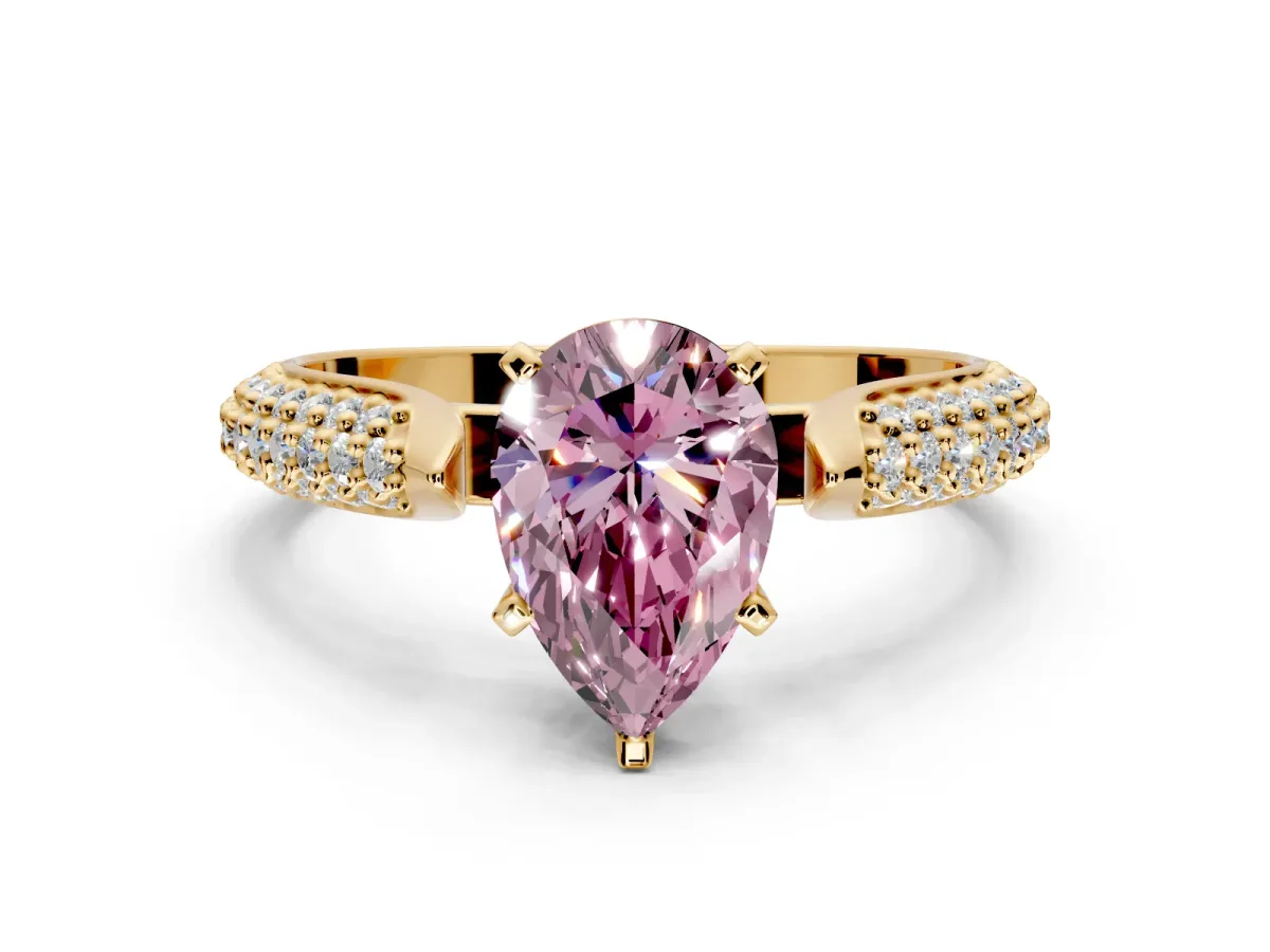 Solitaire Engagement Ring Setting for Fancy Pink Pear-Shaped Center with Multi-Row Accents and Prong Head in Yellow Gold