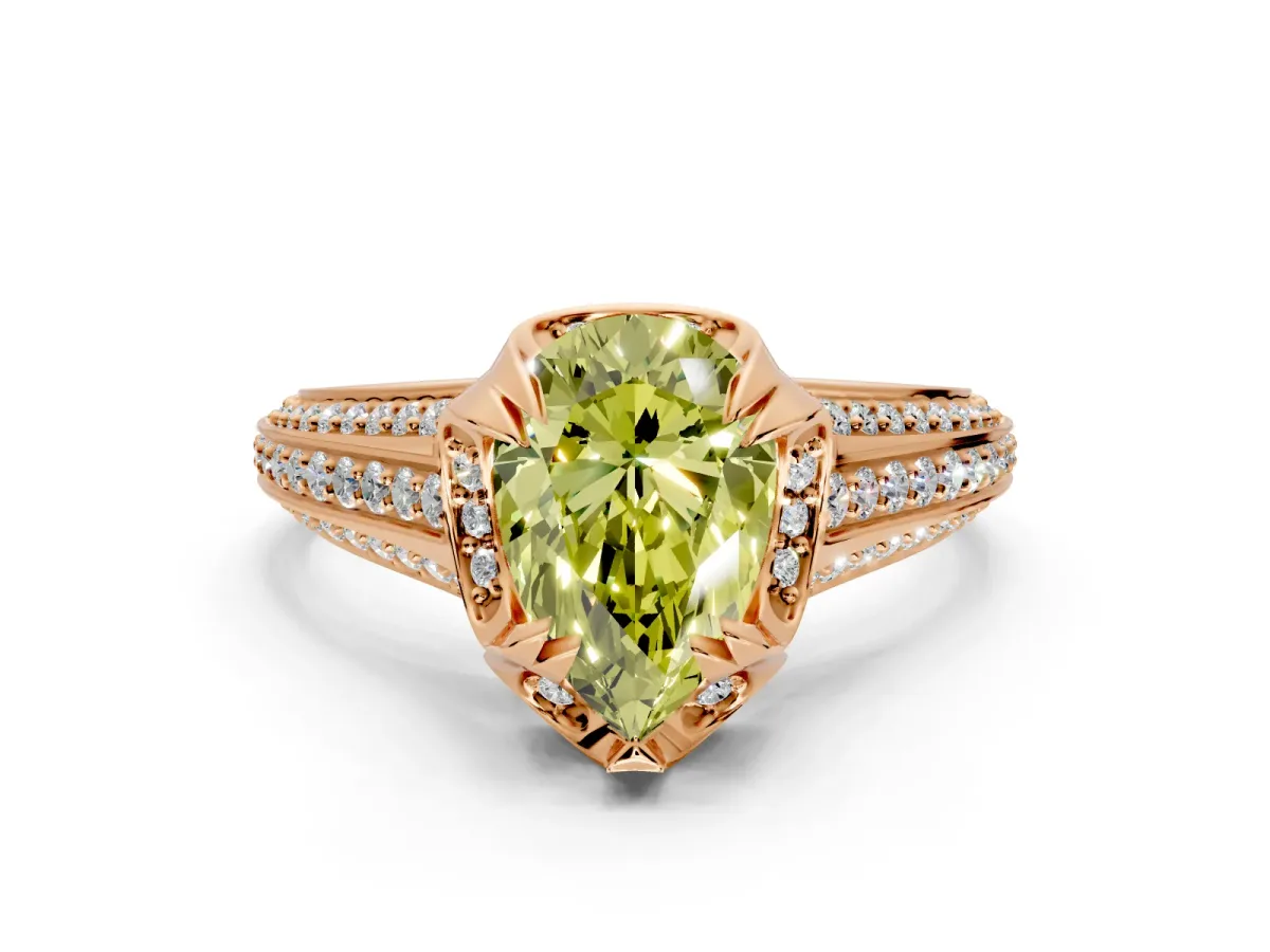 Solitaire Engagement Ring Setting for Fancy Yellow Pear-Shaped Center with Accented Split Shank and Prong Head in Rose Gold