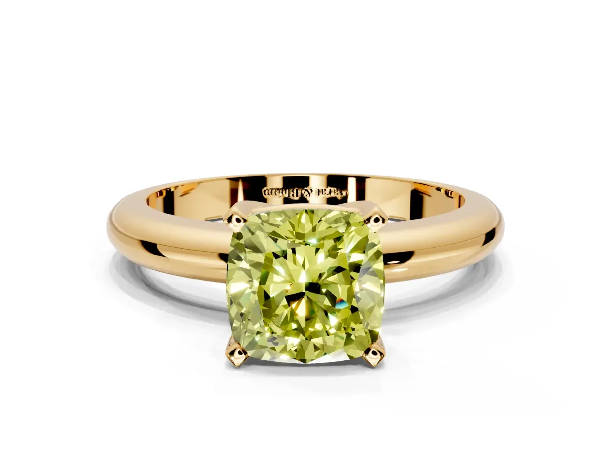 Solitaire Engagement Ring Setting for Fancy Yellow Cushion Cut Center with Wire Band and Prong Head in Yellow Gold