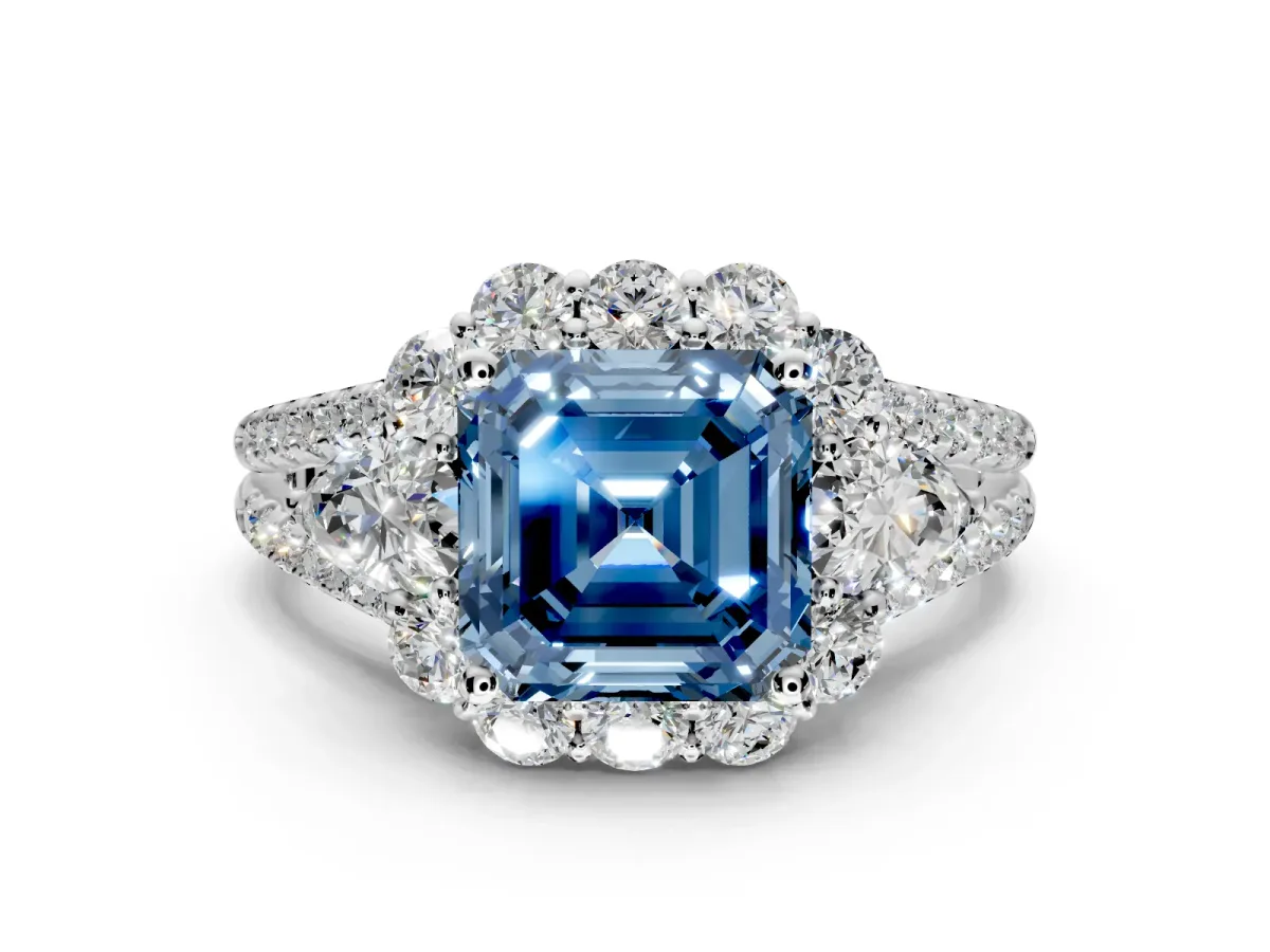 Halo Engagement Ring Setting for Fancy Blue Asscher Cut Center with Two-Strand Split Shank and Prong Head in Platinum