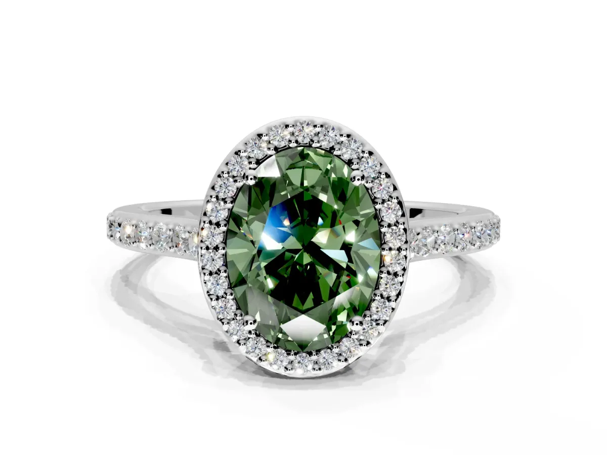 Halo Engagement Ring Setting for Fancy Green Oval Center with Pave Accents, Heart Basket and Prong Head in Sterling Silver